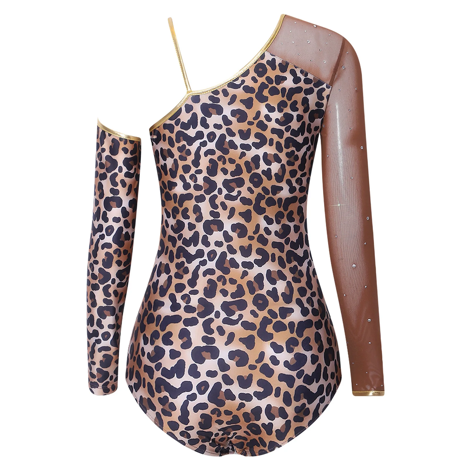 Women's Bodysuits Primitive Caveman Costume Adults One Shoulder Mesh Printed Bodysuit Cavewoman Fancy Leotard with Oversleeve