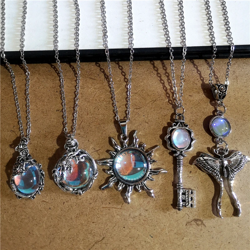 Vintage Moonstone Water Droplet Sun Thorns Branches Pendant Silver Color Chain Necklace Necklaces For Women Man Gothic Jewelry