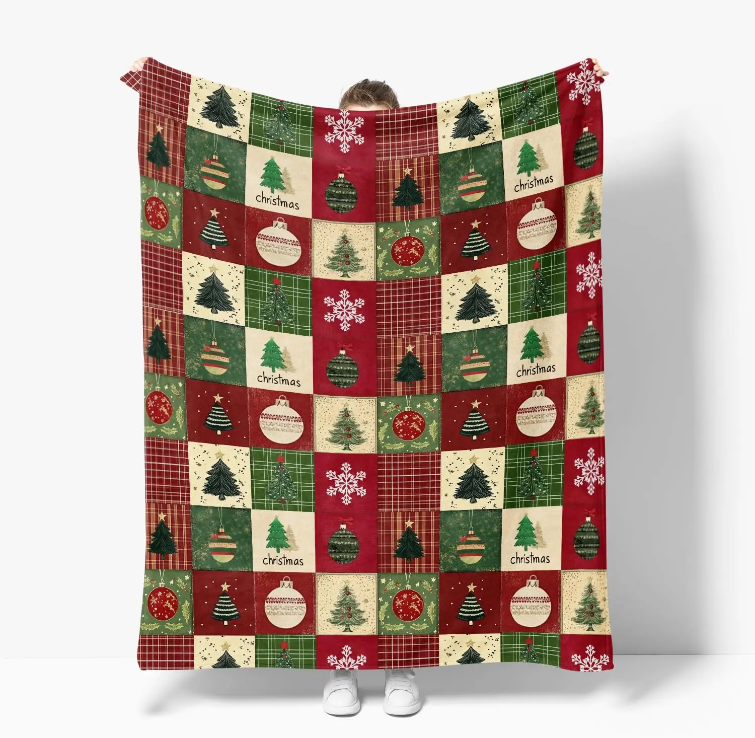 Christmas Flannel Blanket Throw, Red Green Checkered Tree Snow Ornaments Soft Fuzzy Plush Cozy Fleece Blankets for Couch Sofa