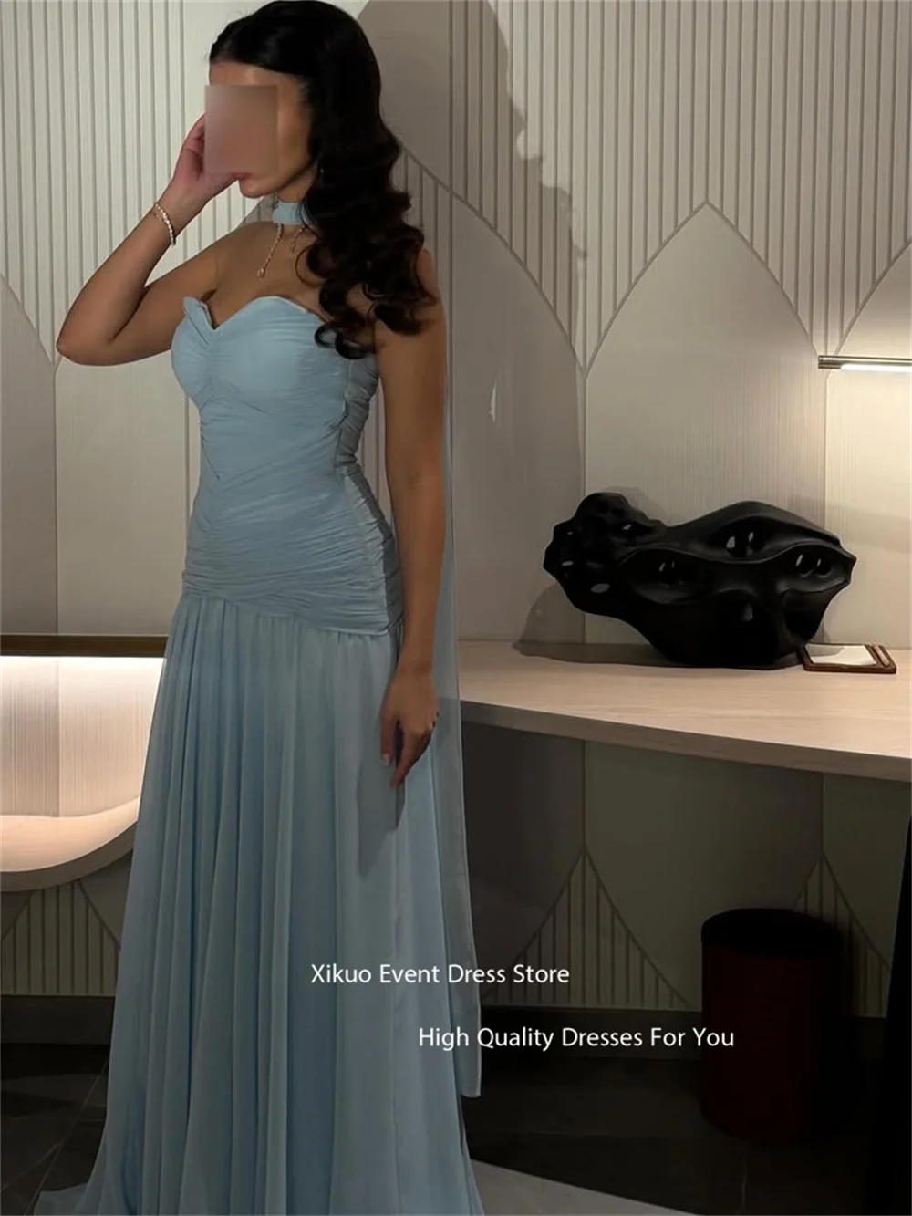 Xikuo robes de soirée en mousseline de soie bleu clair froncé chérie robes Largos rubans froncé robes d'occasion spéciale personnalisées