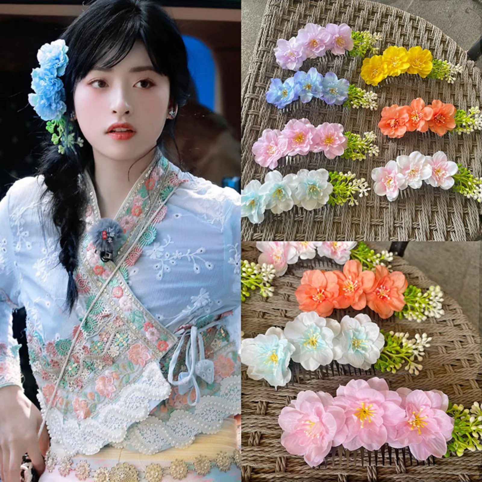 Artificial Flower Hair Comb, Sweet Floral Hair Side Piece, Elegant Bridal Hair Accessories For Wedding Party Traditional Hanfu