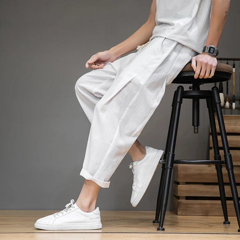 

Men's Summer Thin Ice Silk 7/8 Length Pants Qui Dry Breathable Loose Straight Leg Faionable Casual Trousers