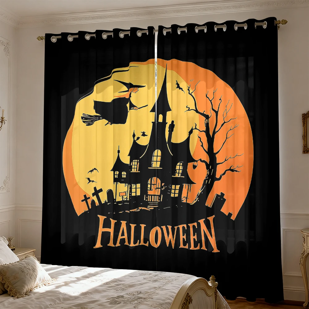 2pcs Halloween-themed haunted house witch print blackout curtains for living room bedroom decoration