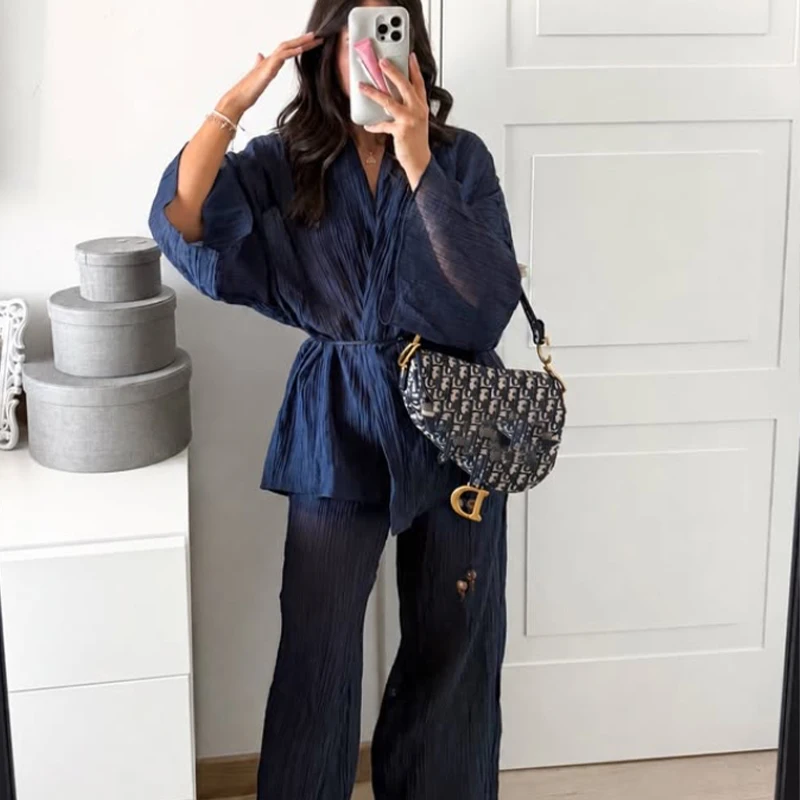 Women's Chinese-style clothing: wrinkled texture cardigan top, elastic waist wide-leg pants, loose casual vacation two-piece set
