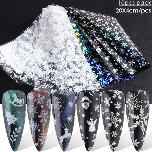 10Sheets Christmas Snowflake Nail Transfer Foil Paper Laser+White Reindeer Xmas Tree Nails Stickers Winter DIY Manicure Supplies