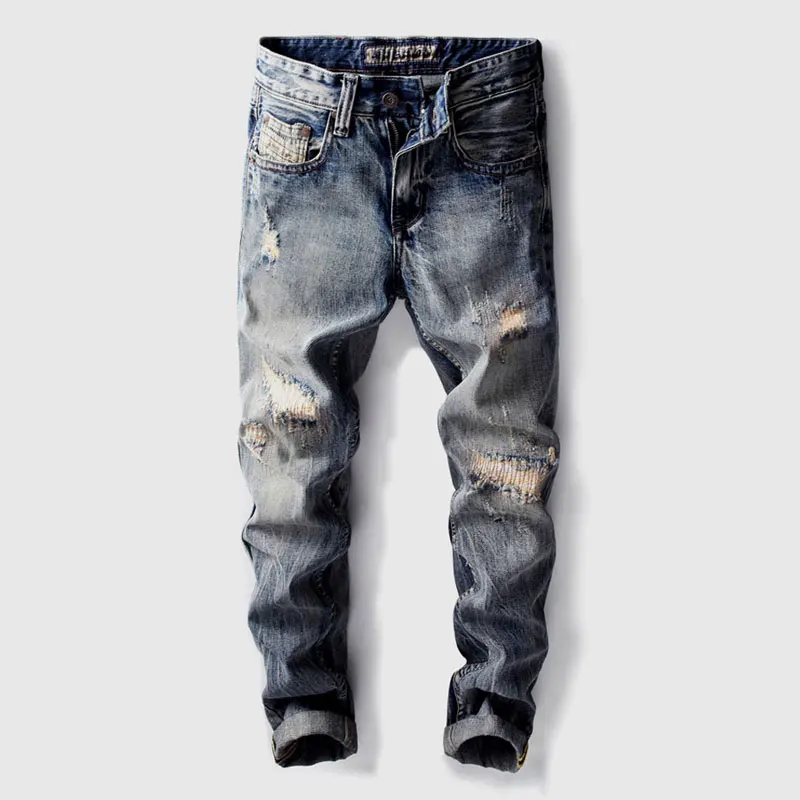 

Streetwear Fashion Men Jeans Retro Washed Blue Stretch Slim Fit Ripped Jeans Men Patched Designer Vintage Denim Pants Hombre