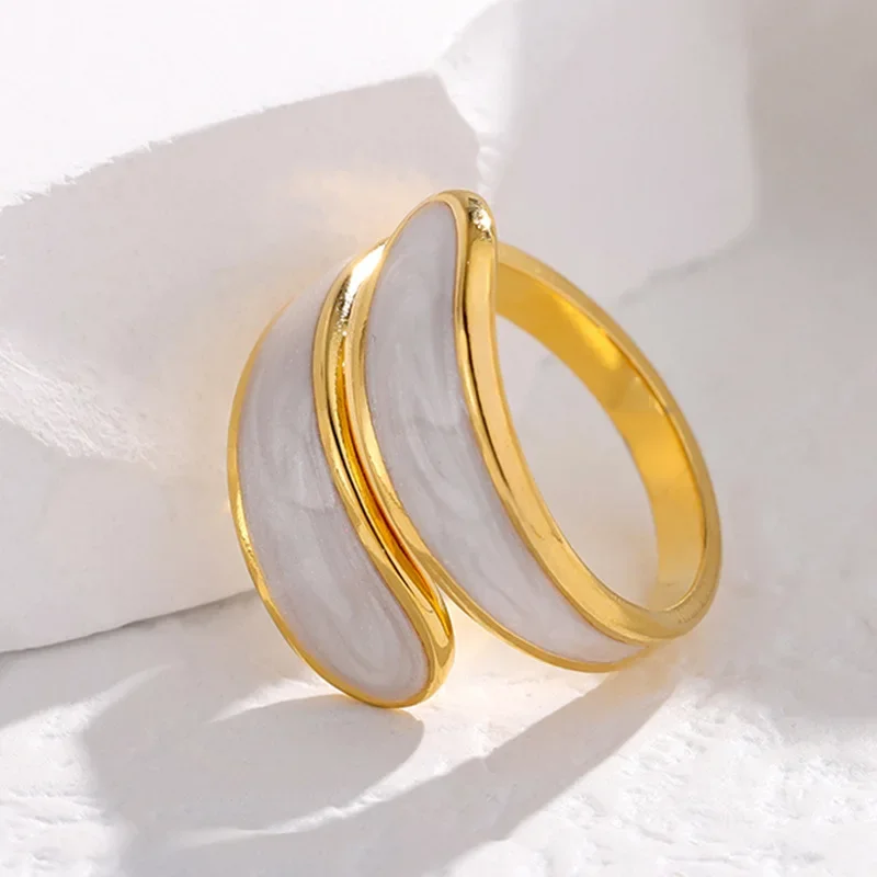 Stainless Steel Black and White Ring with Enamel Simple Double Layer Oil Dripping Adjustable Open Finger Ring for Women No Fade