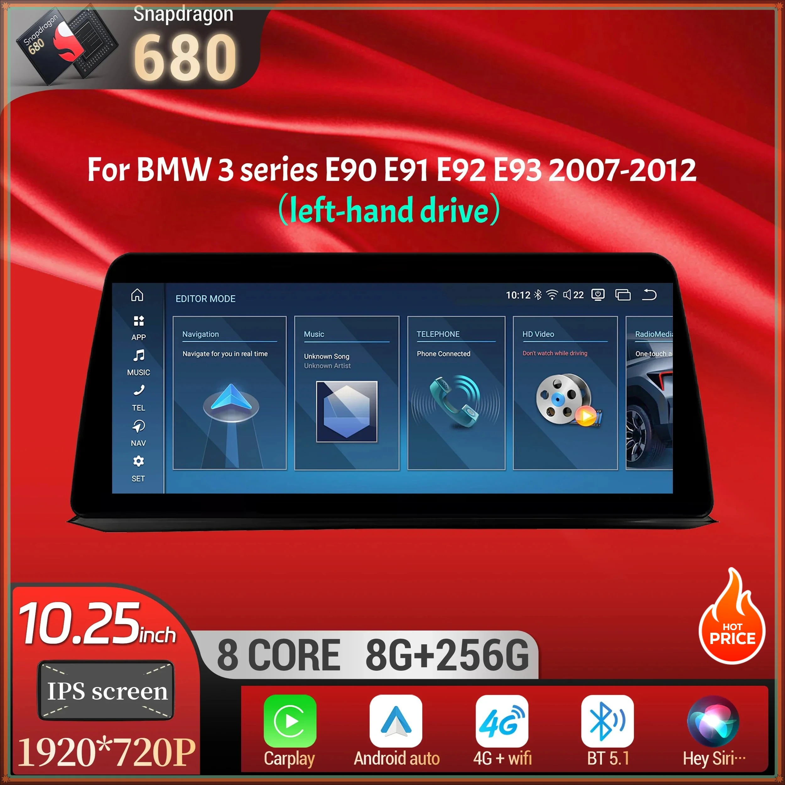 10.25 inch For BMW 3 series E90 E91 E92 E93 2007-2012 Left Hand Drive Android 14 Car Radio Carplay Snapdragon 680 Touch Screen