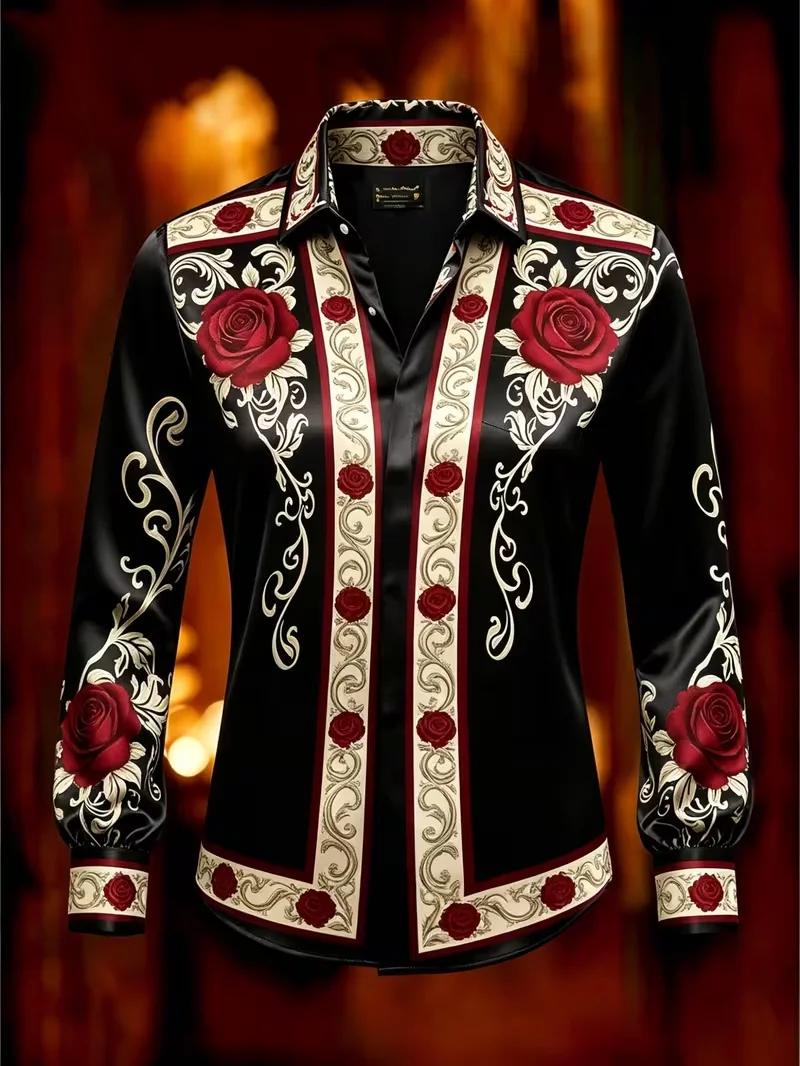Men's Fashion Black Satin Shirt Retro Red Rose Gold Pattern Printed Long Sleeve Formal Party Street Casual Shirt, Quick Shipping