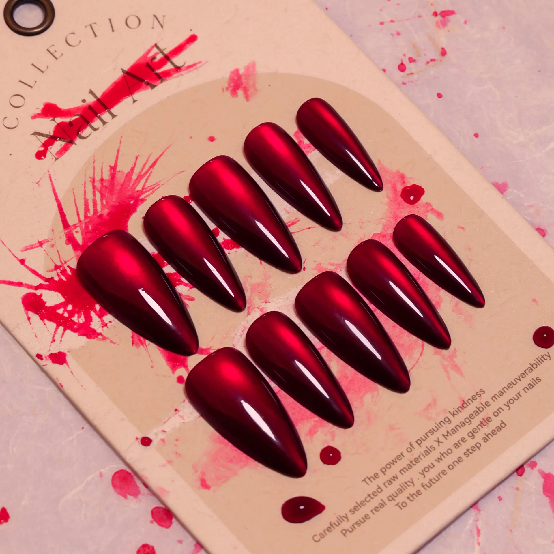 

24pcs Halloween Red Cat's Eye Press on Nails Solid Color Simple Nails Full Cover Wearable False Nails