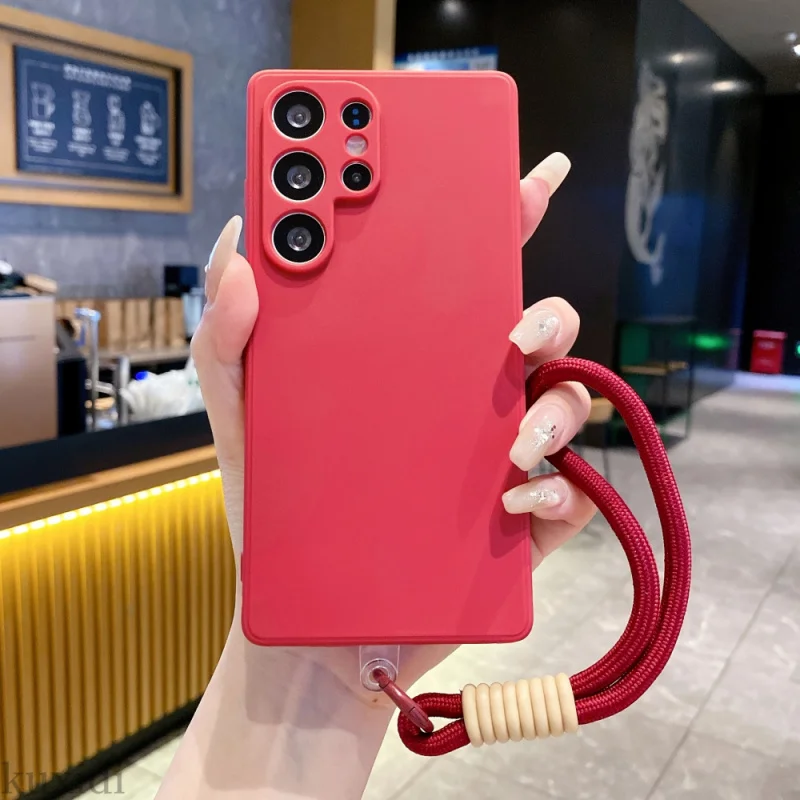 Luxury Solid Color Silicone Lanyard Case For Samsung Galaxy S26 S25 Fe S24 S23 S22 S21 S20 Note 20 Ultra Simple Soft Back Cover