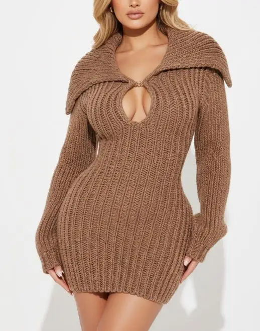 2025 Elegant Sexy New Fashion Commuting Winter Big Collar Slim Fit Elastic Lantern Sleeve Woolen Dress