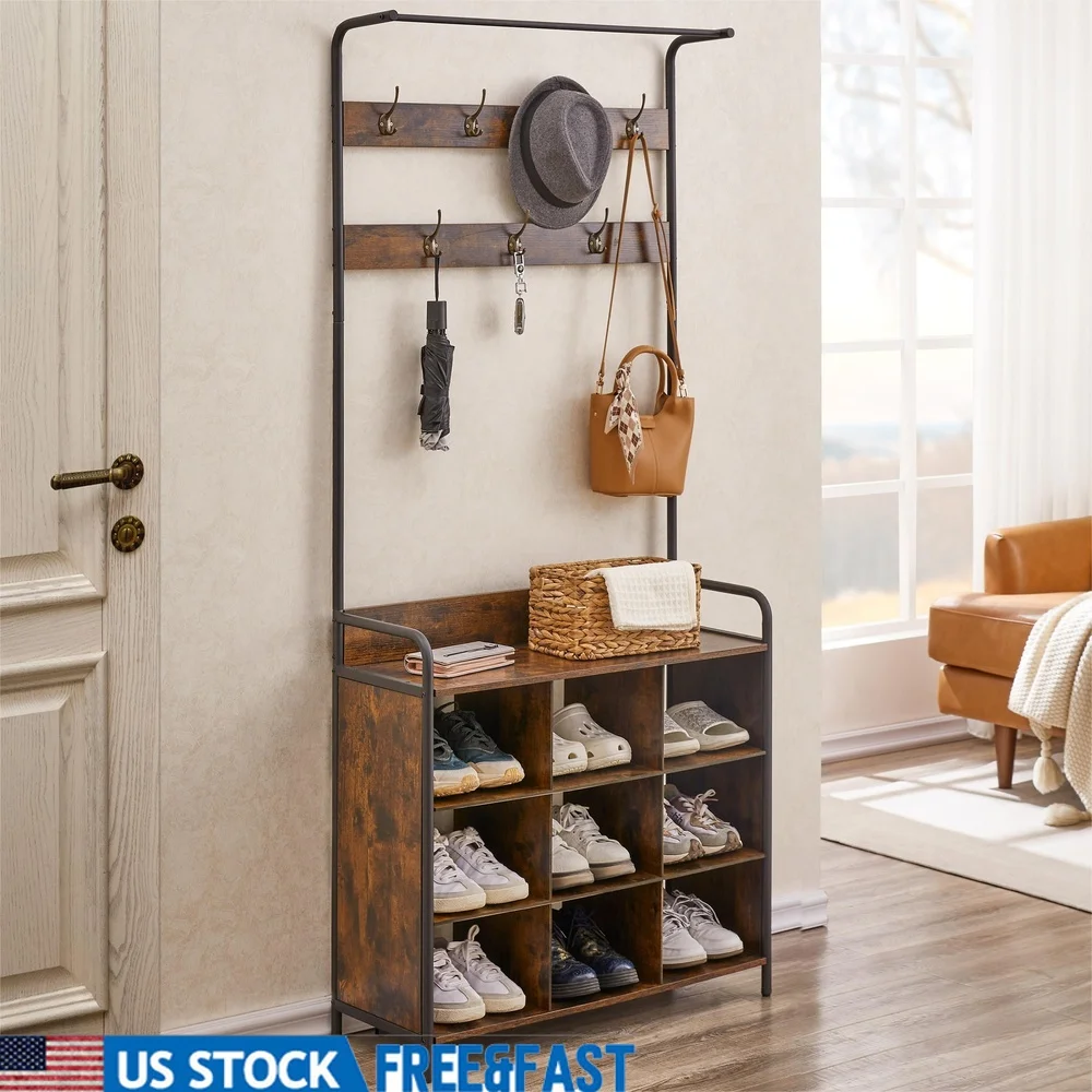 

Coat Rack with Shoe Storage Entryway Bench Hall Tree 3-in-1 Organizer with 7 Hooks Hanging Rod and 9 Cube Shoe Cabinet