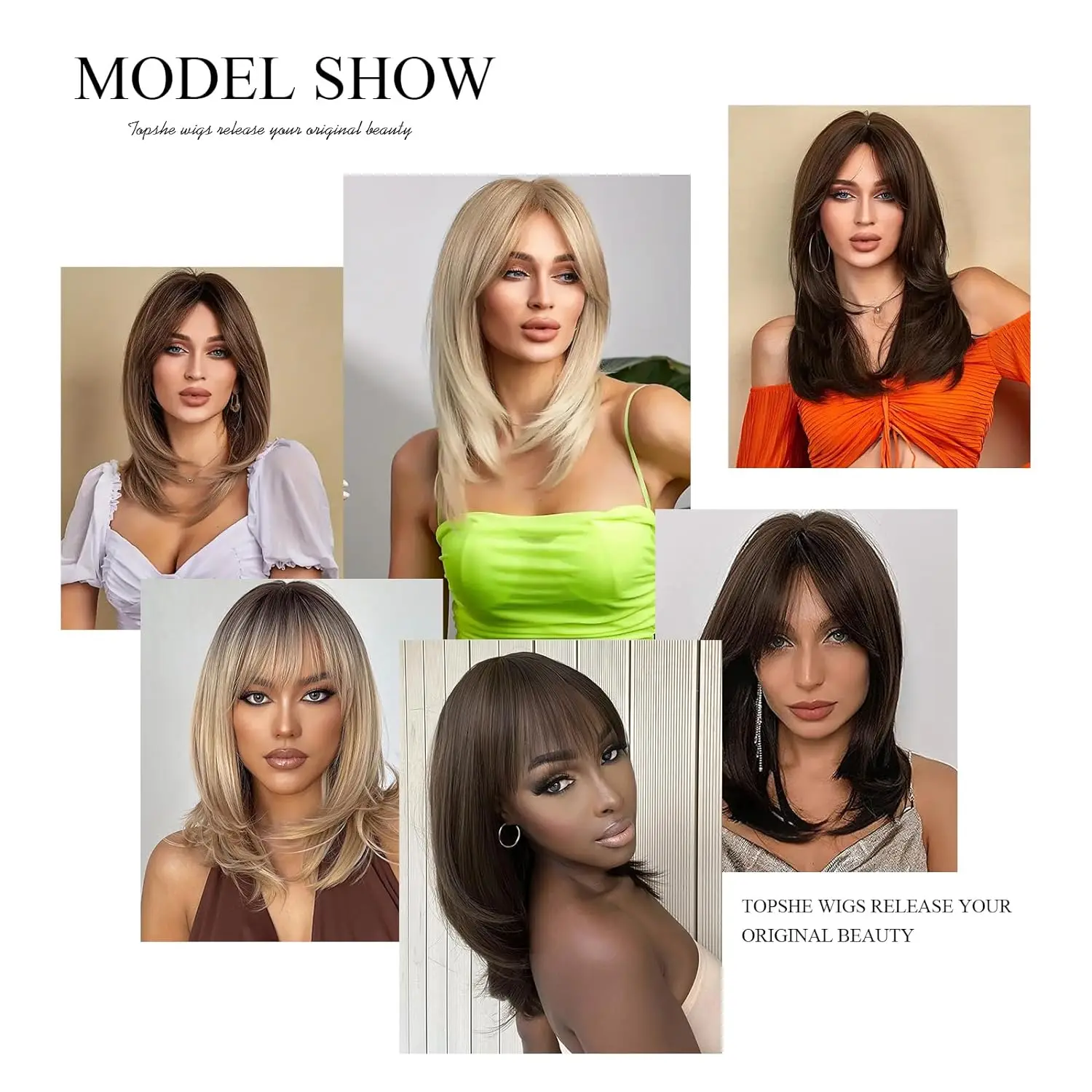 LOUIS FERRE Medium Straight Black Brown Golden Ombre Synthetic Wigs for Women Cosplay Bobo Wig With Bangs Heat Resistant Fibre