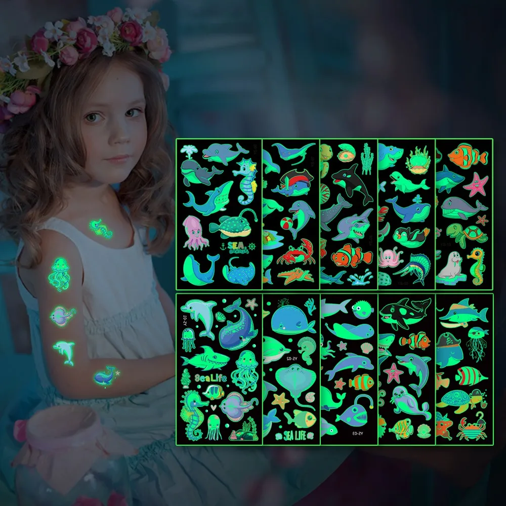 5Pcs/set Luminous Night Tattoo Stickers For Children Fish Dolphin Temporary Waterproof Tatto Body Art Kid Cartoon Fake Tatoo