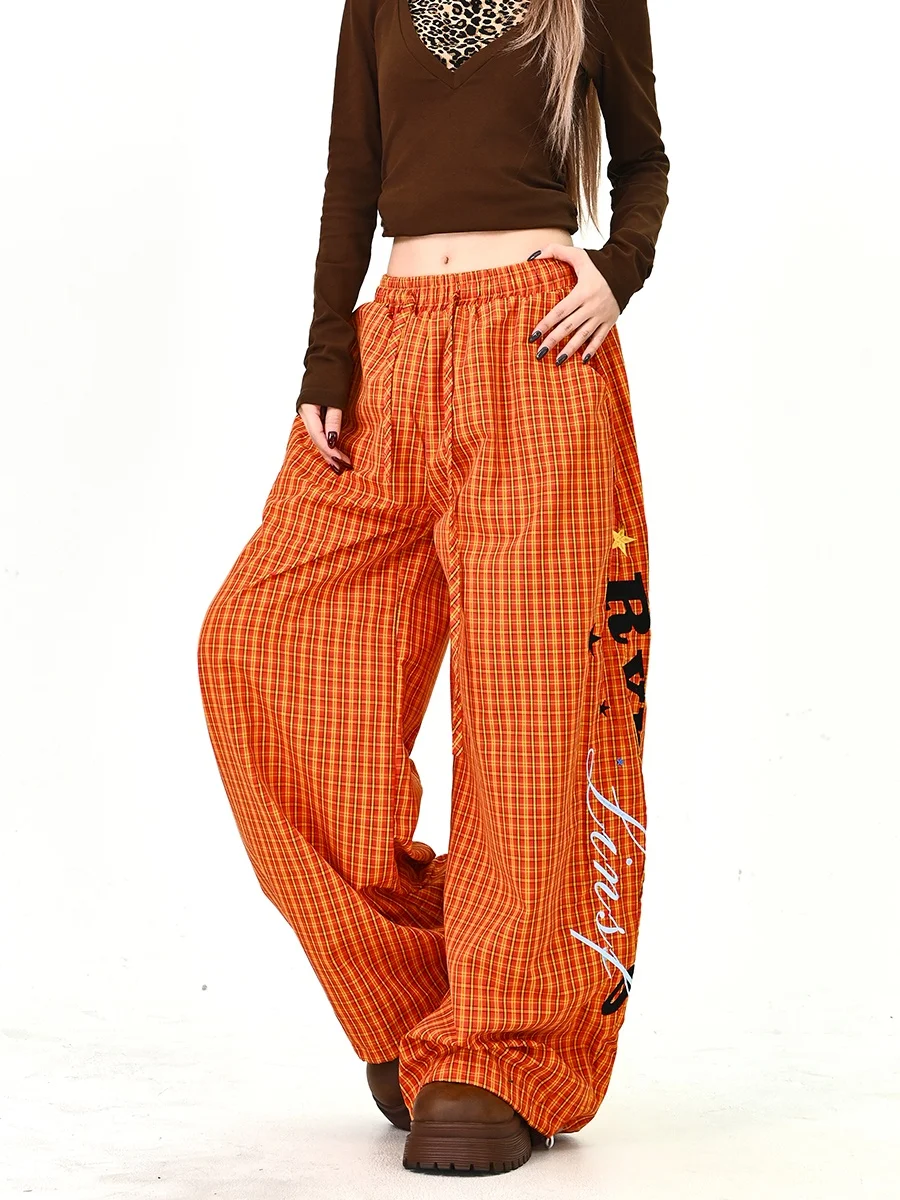 Casual Plaid Embroidered Loose Wide Leg Pants Women's Spring 2026 New Style American Street Fashion Loose BF Trendy Trousers