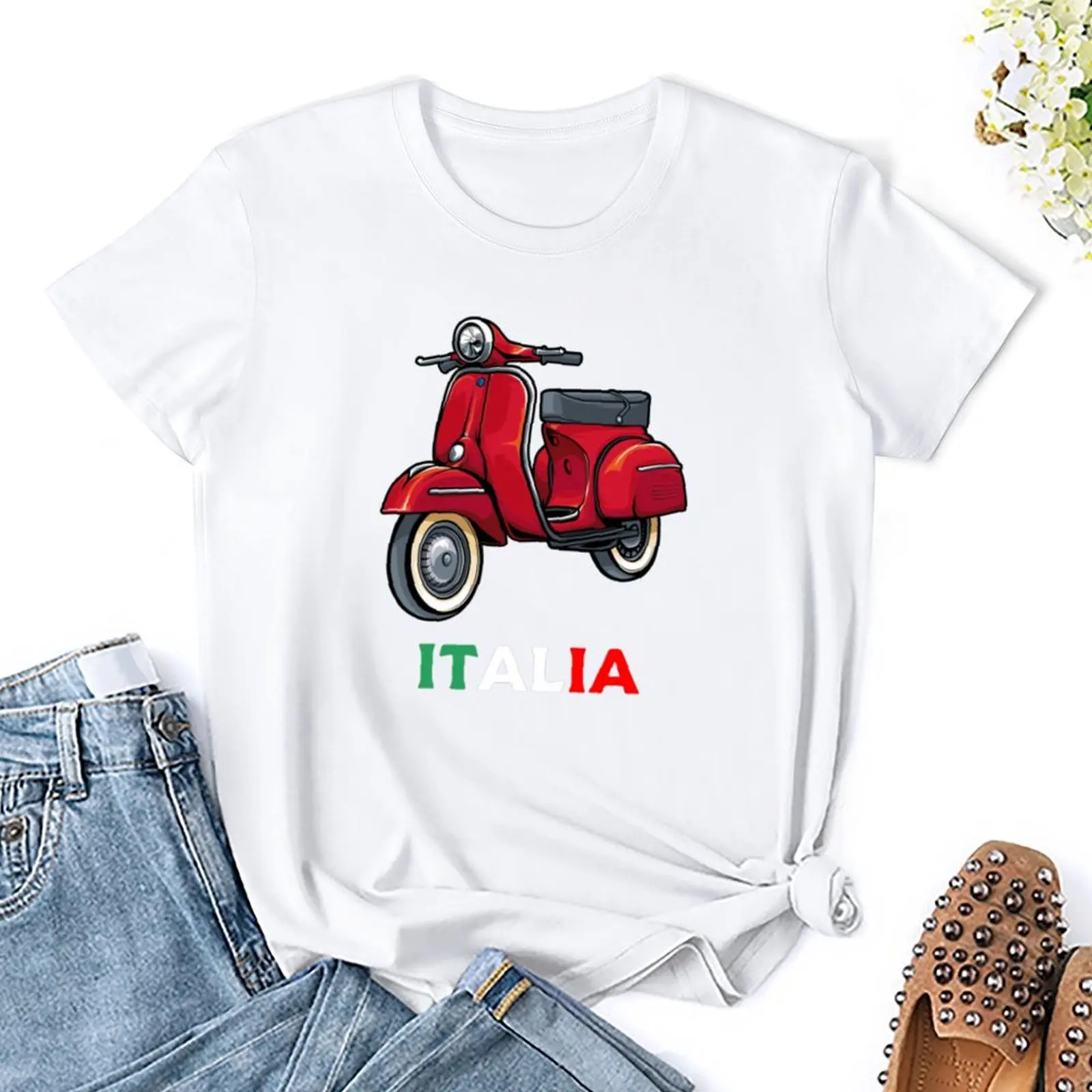 Italy Classic Vespa Scooter Moped Bike Retro Love Vintage T-shirt lady clothes korean fashion tight shirts for Women