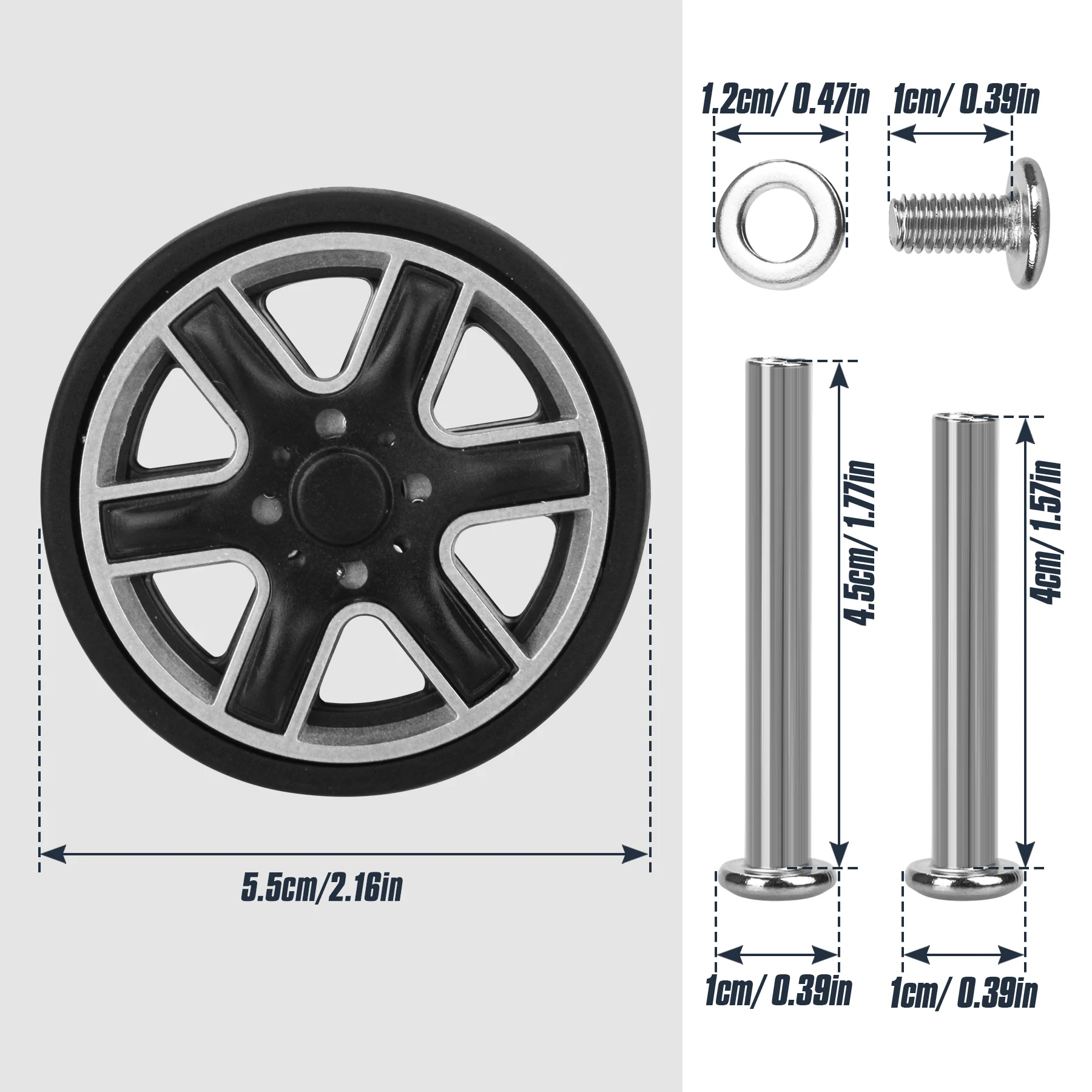 Reemplazo de rueda de equipaje negra con tornillo, ruedas de equipaje de viaje, piezas de repuesto para maleta, reparación de ruedas con ejes de 55mm, 8 Uds.