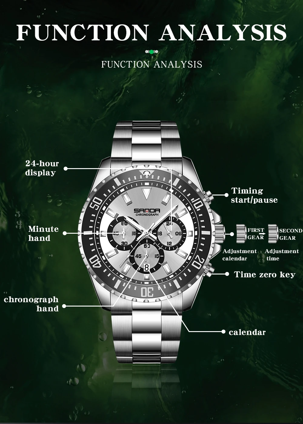 SANDA New Steel Band Calendar Men's Quartz Watch 5306 Simple Three Eyes Six Needle Green Water Ghost Fluorescent Men's Watch