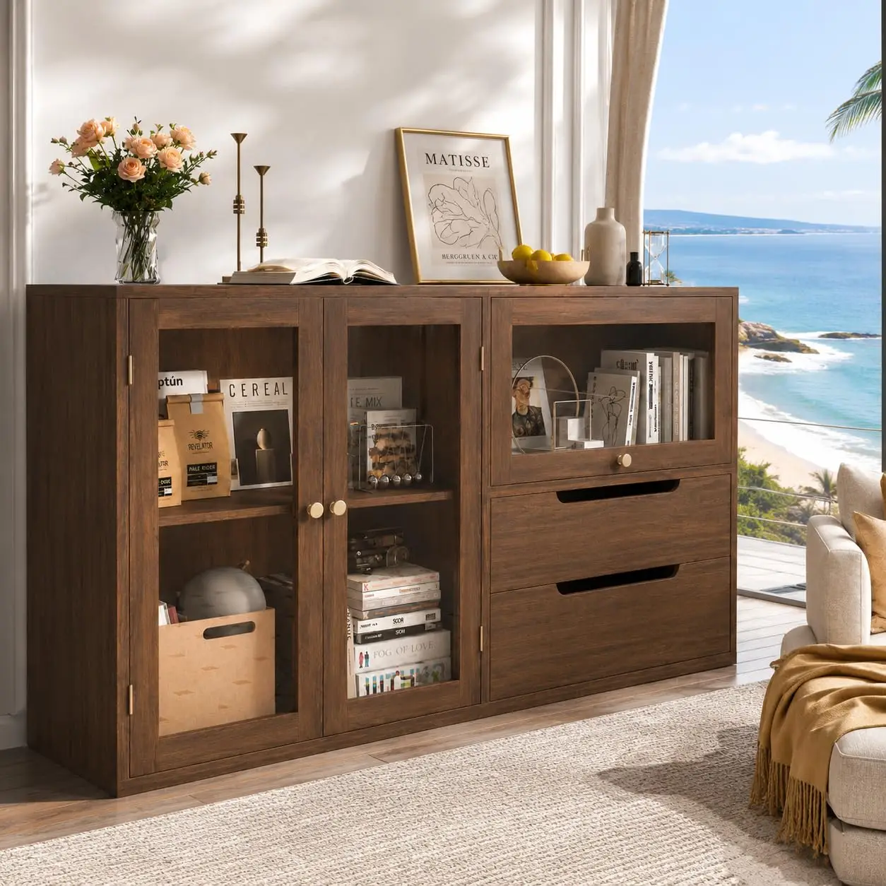 63‘’Storage Cabinet,Sideboard Buffet Cabinet with Glass Doors and Drawers,Modern Wood Coffee Bar for Kitchen, Living Room,Dining