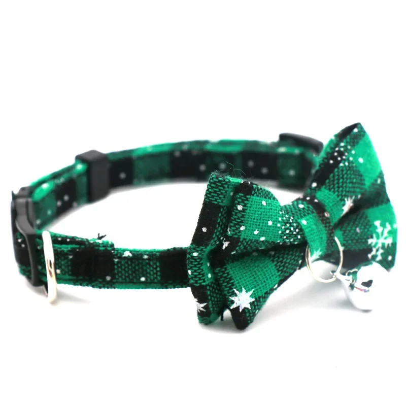 Christmas Bowknot Cat Small Dog Collar with Bell Plaid Snowflake Adjustable Breakaway Pet Puppy Kitten Buckle Necklace