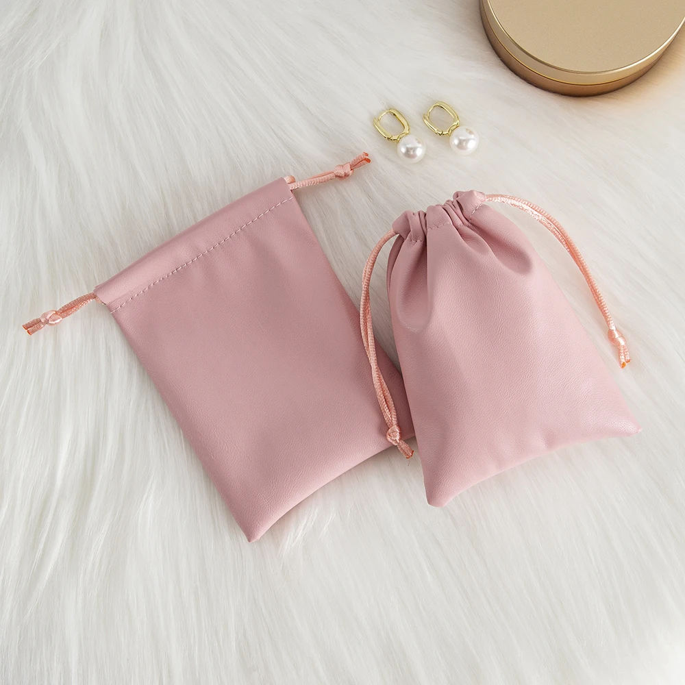 5pcs Pink Soft PU Leather Drawstring Bags Small Jewelry Pouch Lipstick Earrings Exquisitely Gemstone Pearl Package Clutch Sack