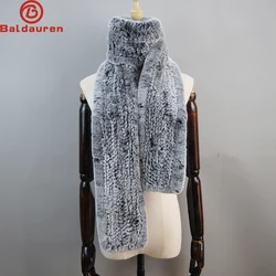 2024 Fashion Long Style Women 100% Natural Rex Rabbit Fur Scarves Winter Warm Lady Real Rex Rabbit Fur Muffler Knitted Fur Scarf