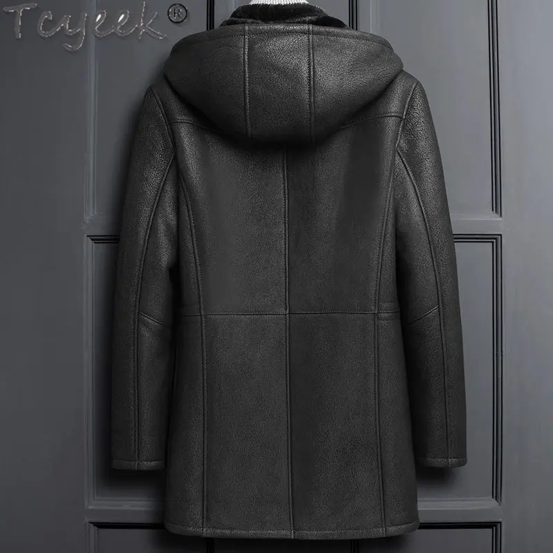 Tcyeek Mid-length Real Fur Coat Male Hooded Genuine Leather Jacket Men Clothes Winter Natural Sheepskin Fur Coats Thick Jaquetas