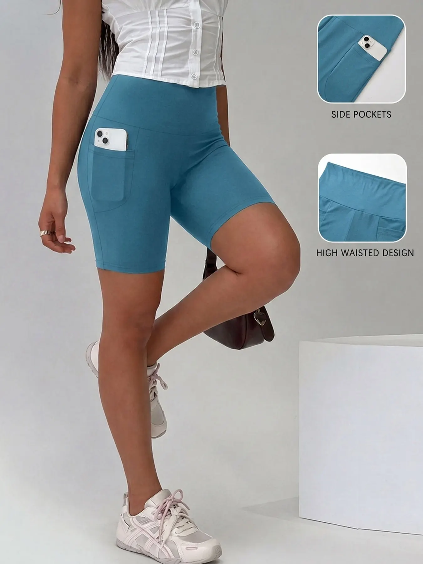 Damen Biker-Shorts mit Taschen, hoher Bund, superweich, blickdicht, Bauchkontrolle, für Laufen und Yoga – Detail 10