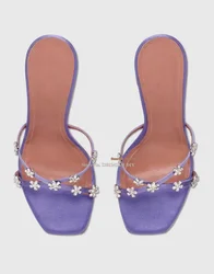 Purple Flower Crystal Cross Tie Mules Slip On High Heel Slippers Heeledsandals Glitter Womenchunky Heeled Summer Party Shoes