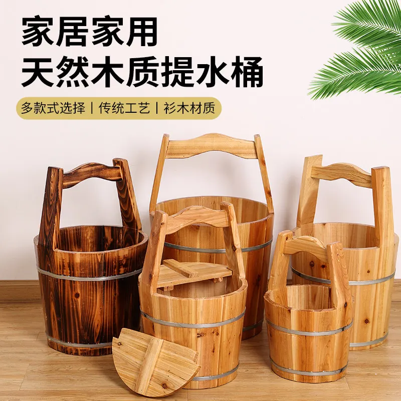 Solid Wood Water Bucket with Handle & Wooden Ladle, Small Foot Soak Tub for Sauna, Spa, Hot Spring, Natural Wood Grain.