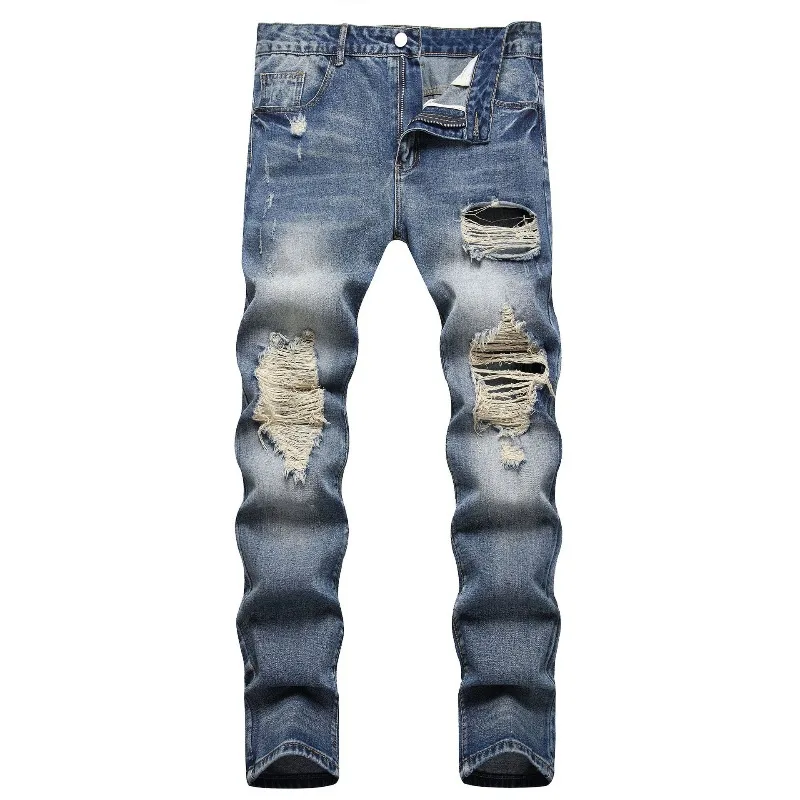 

KEXU Men Straight Leg Ripped Jeans Vintage Washed Blue Distressed Long Denim Pants Unique Street Fashion Casual Trousers