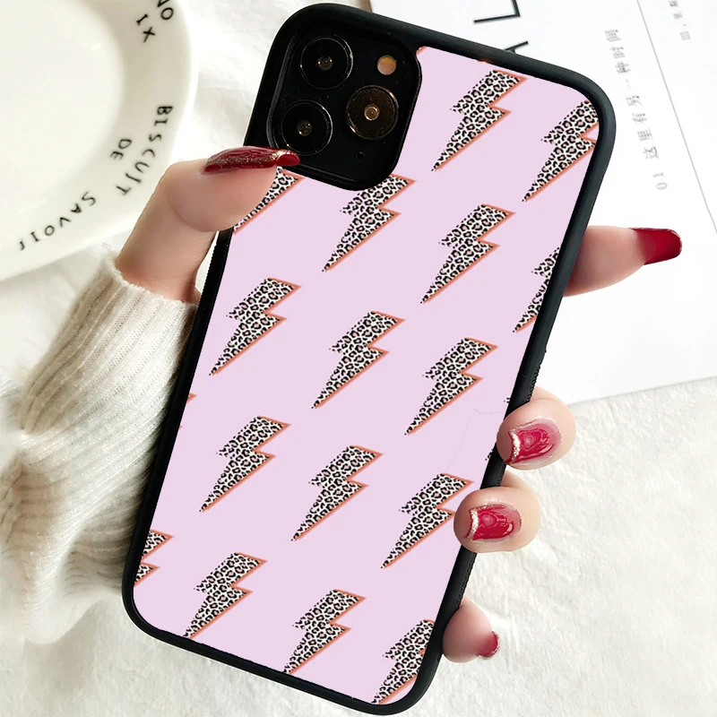 5 5S SE 2020 Phone Cover Case for iPhone 6 6S 7 8 PLUS X XS XR 11 12 13 MINI 14 PRO MAX Rubber Wild Pink Leopard Lightning Bolt