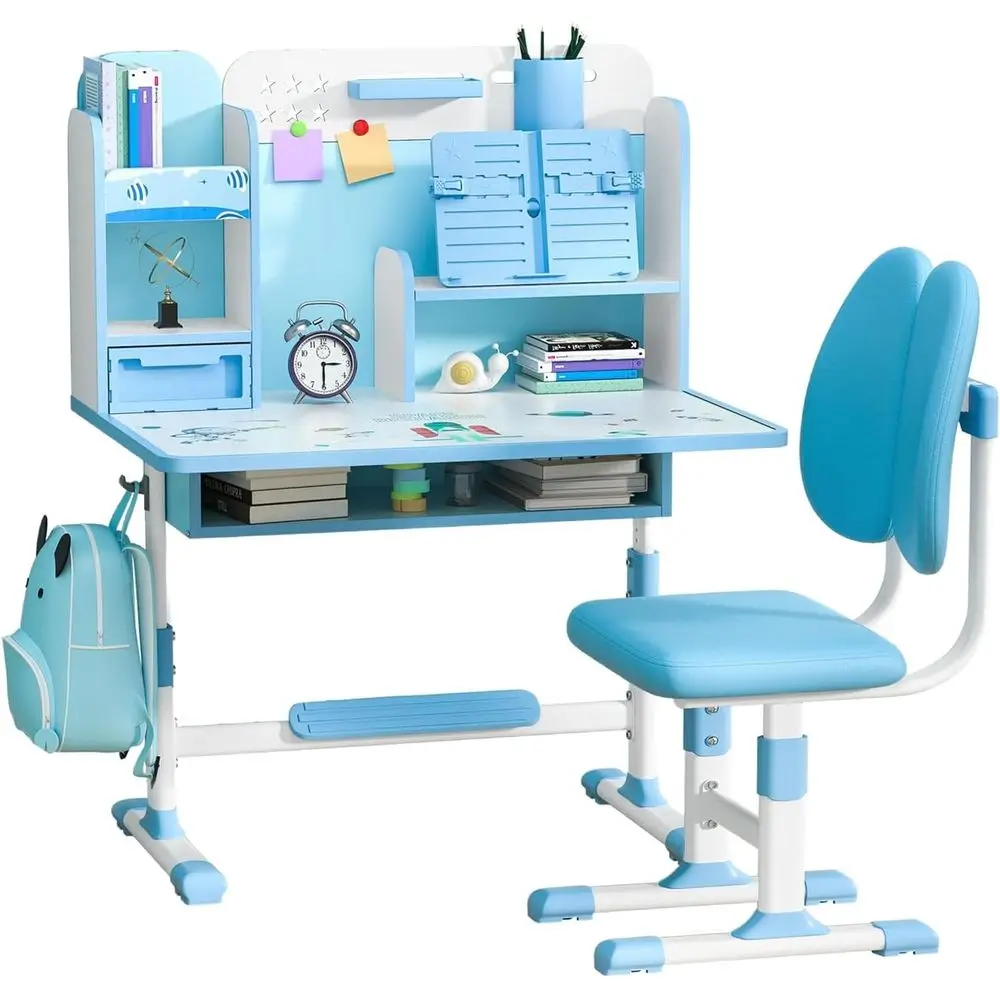 

Height-Adjustable Kids Desk and Chair Set with Storage, Book Stand, and Posture Support (Blue)