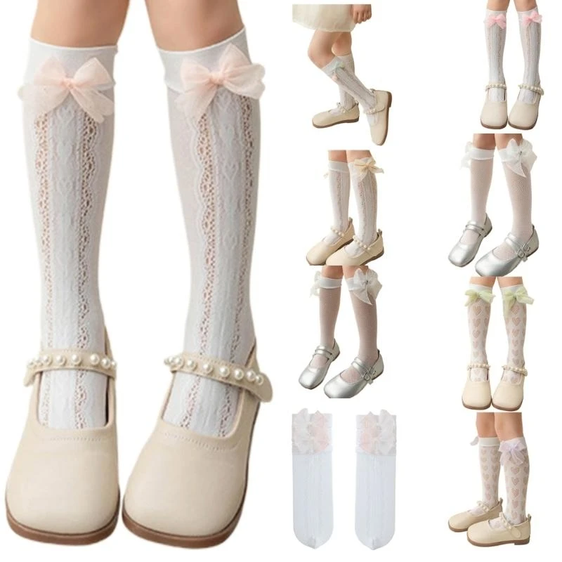 

Breathable Spring Socks Lace Bowknot Knee High Socks Little Girl Hollowed Socks 4XBC