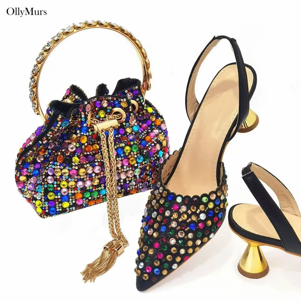 Hot Sale Italian Rhinestone Pumps Shoes And Purse To Match Set Hot Sale African Woman High Heels Shoes And Bag Set For Wedding