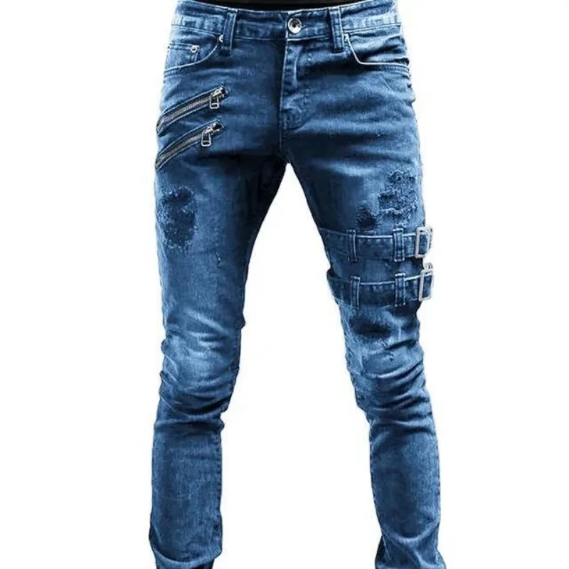 Men's Ripped Jeans , Tight Jeans, Pocket Straps And Zippers, Men's Jogging Pants, Elastic Leggings