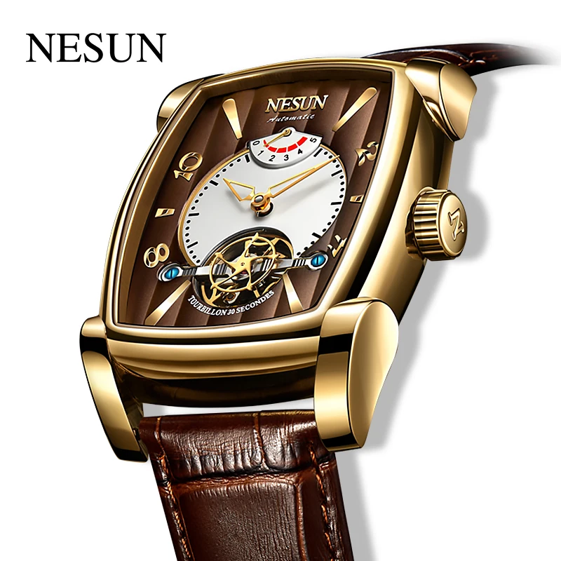 

Nesun For Men Watch Skeleton Automatic Tourbillon Wristwatch Rectangle Dial Mechanical Hollow Power Display Mekanik Kol Saati