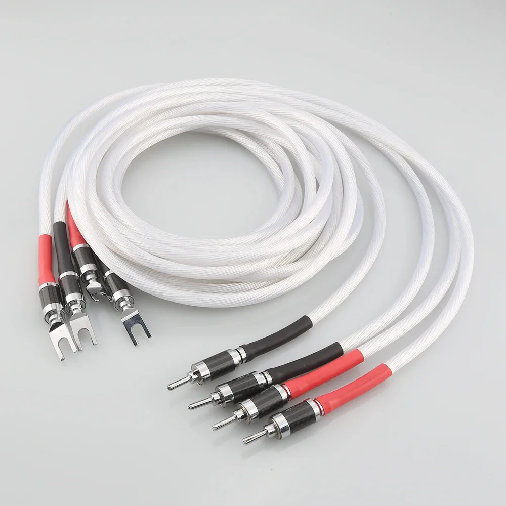 4pcs Hi-end HIFI Silver Plated OFC Speaker Cable With carbon fiber Banana Plug to Y Shape Plugs Speaker Cable Cord Wire