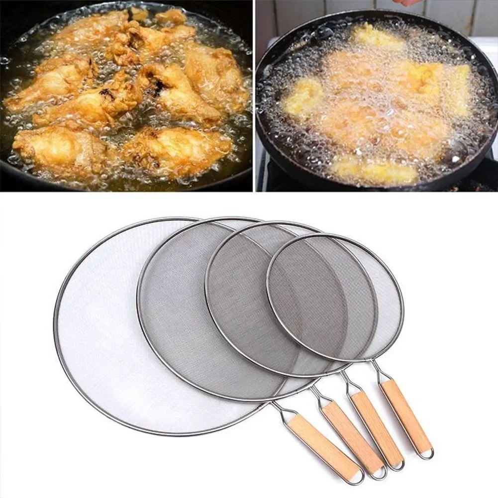 21-33CM Stainless Steel Oil Splatter Screen Frying Pan Mesh Guard Kitchen Cooking Tools Multi-purpose Filter Net Wood Handle