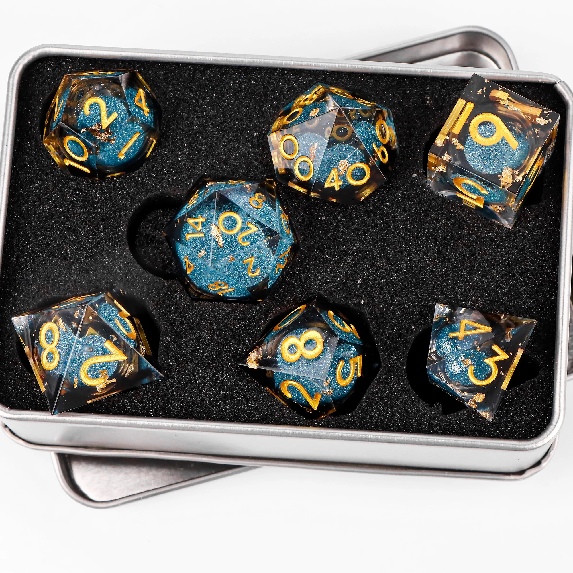 الراتنج DND مجموعة نرد زهرة السائل الأساسية لعب الأدوار النرد، النرد الأزرق للزنزانات والتنينات حافة حادة D & D مجموعة النرد