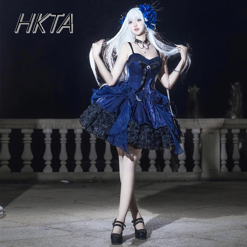 

Lolita Slim High Waist Black Blue Suspender Dress Fluffy Dress Women Elegant Pleated Bow Birthday Party Princess Dresses Female