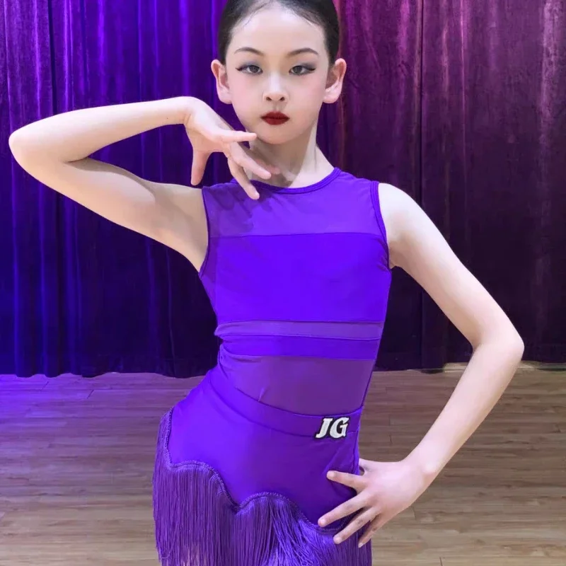 1 pieza/lote de vestido de baile latino morado de verano para niñas, Color sólido Sexy, vestido de baile de Tango con precisión