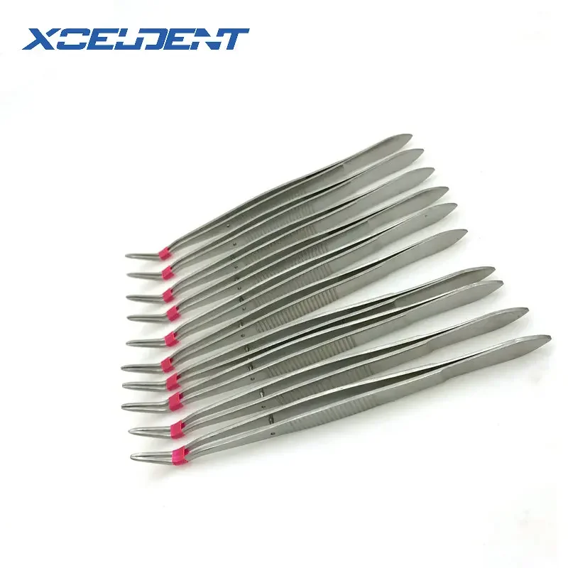 10pcs Stainless Steel Tweezers Serrated Curved Dental Surgical Instruments with location Dentist Tools