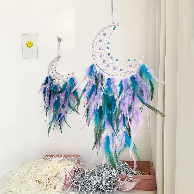 LED Moon Dream Catcher Feather Dreamcatcher Night Light Home Bedside Wall Hanging Home Bedroom Party Wedding Decoration Gifts