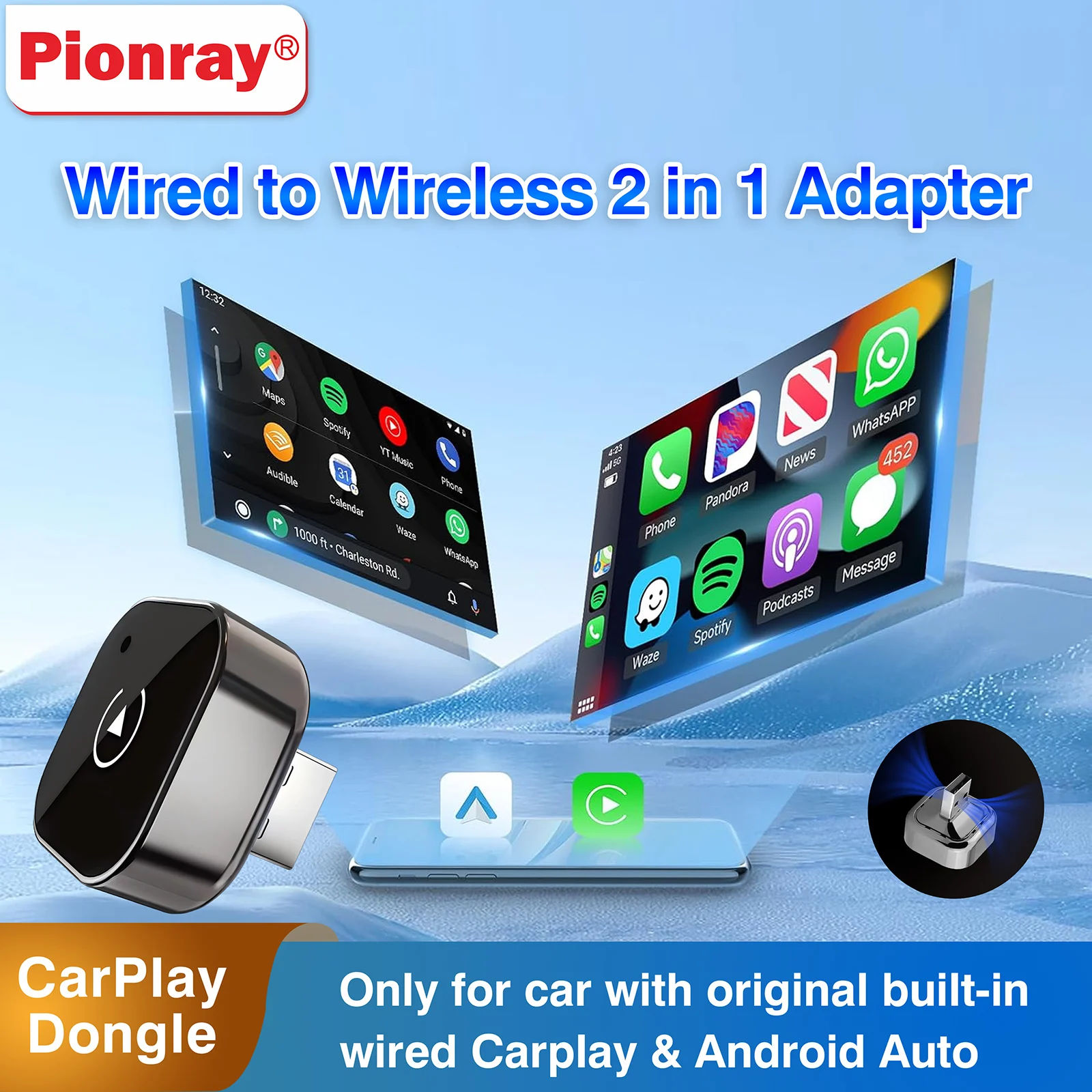 2 IN 1 Wireless Carplay Adapter, Converts Wired to Wireless carplay Adapter for iPhone, Wireless Control Plug & Play Carplay