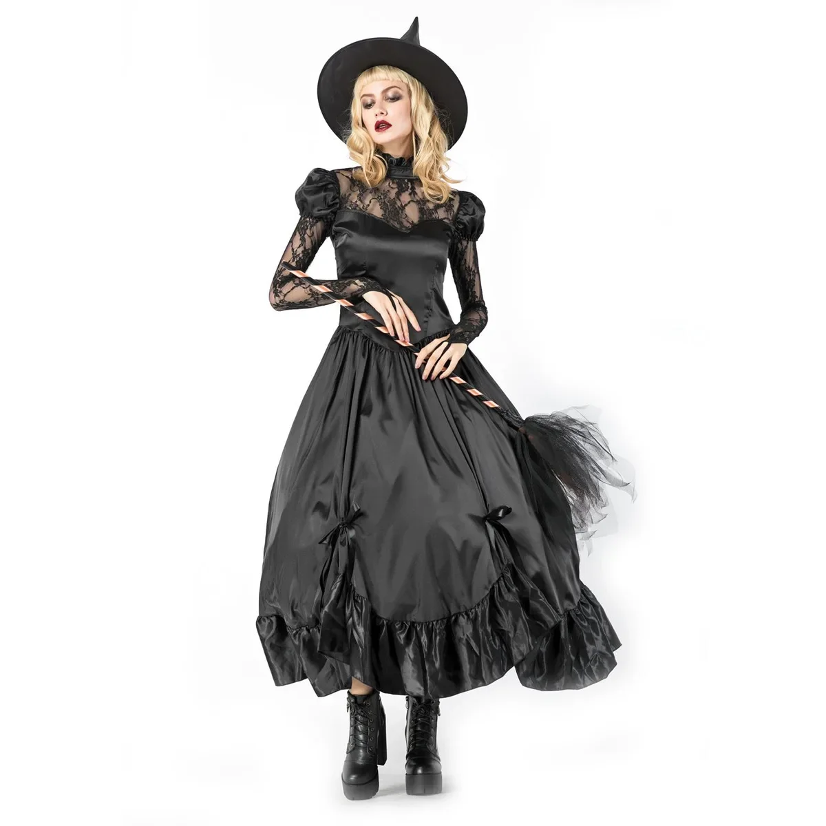 

Women Black Sexy Halloween Witch Long Sorceress Queen Costume Lace Long Sleeve With Hat Long Dresses