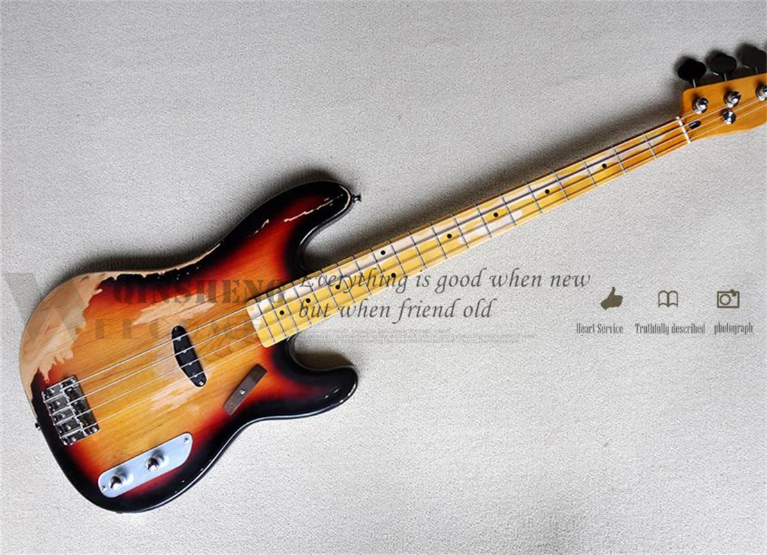 4 Strings Vingate Bass Guitar Tele Sunburst Bass Alder Wood Body Maple Fingerboard Yellow Maple Neck Fixed