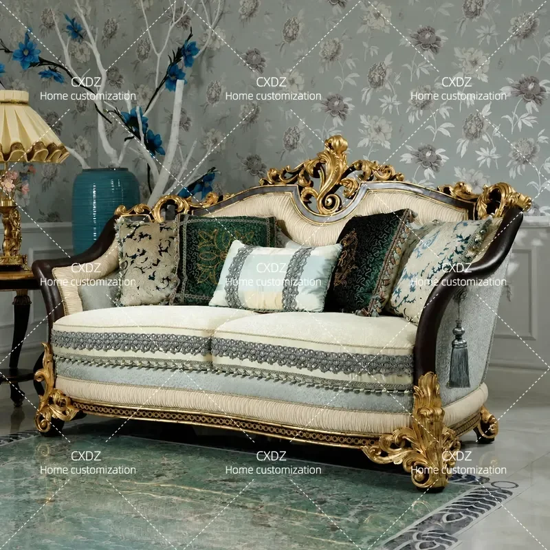 European sofa combination living room furniture, French solid wood hand-carved luxury villa fabric three-person sofa