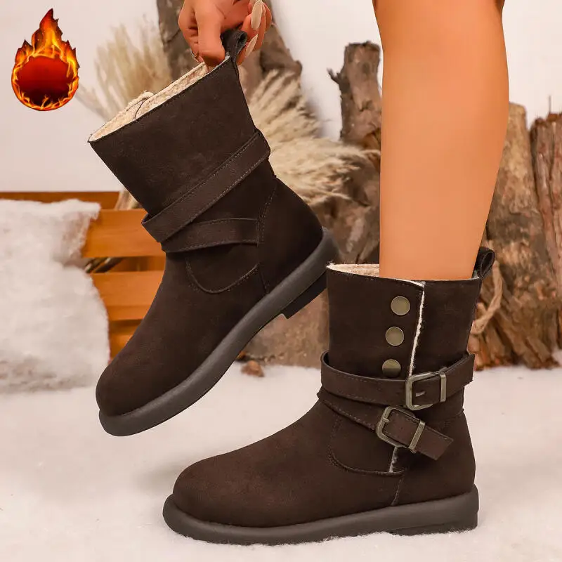 

Vintage Metal Belt Buckle Western Cowboy Boots Women 2025 Winter Warm Plush Suede Snow Boots Woman Thick Bottom Mid Calf Booties